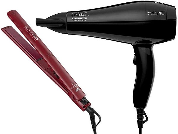 KIT GAMA BIVOLT - SECADOR LIGHT PLUS CERAMIC ION 2000W + PRANCHA ELEGANCE BELLA PRO CERAMIC 220°C