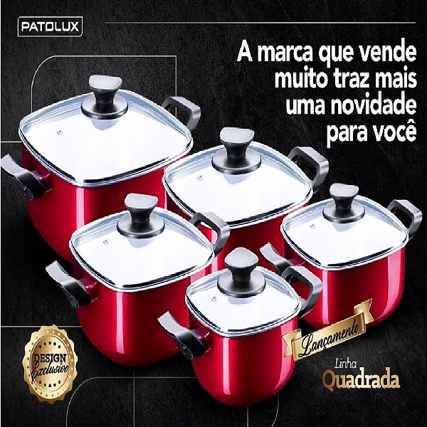 CONJUNTO CAÇAROLAS QUADRADO PATOLUX 5 PÇS TVT - VERMELHO/VERNIZ