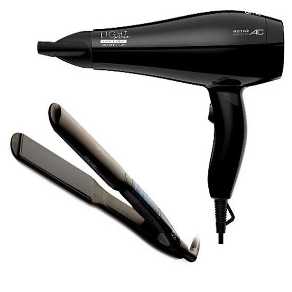 KIT GAMA BIVOLT - SECADOR LIGHT PLUS ION 2000W + PRANCHA ULTRA X-WIDE DIG. IHT 230ºC