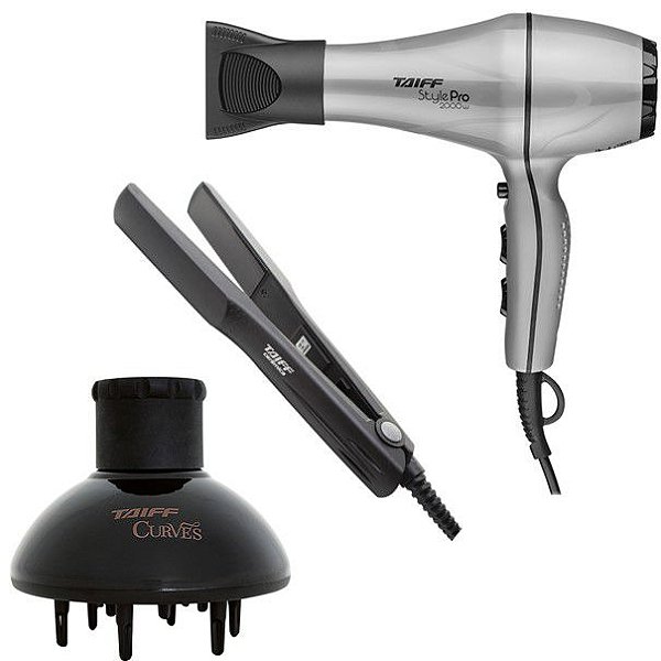 KIT TAIFF - SECADOR CABELO STYLE PRO 2000W PRATA 127V + PRANCHA CERAMIC 180ºC + DIFUSOR DE AR CURVES