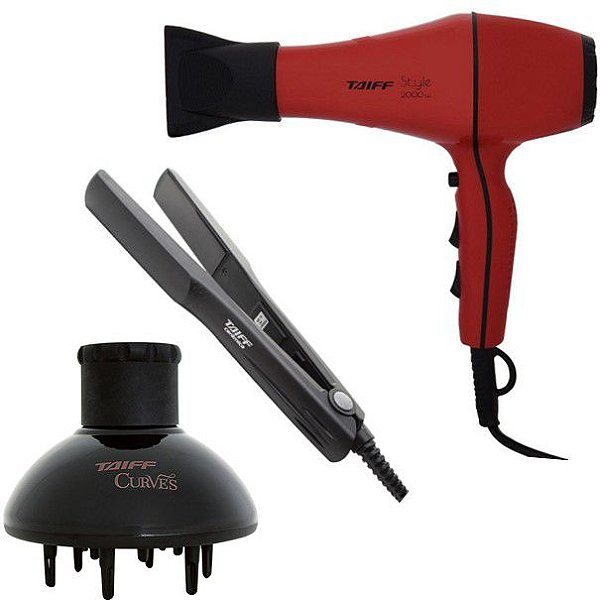 KIT TAIFF - SECADOR DE CABELO STYLE RED 2000W 127V + PRANCHA CERAMIC 180ºC + DIFUSOR DE AR CURVES