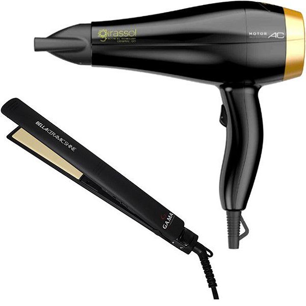 KIT GAMA CERAMIC - SECADOR PRIMO GIRASSOL ION 2000W 127V + PRANCHA ELEGANCE BELLA SHINE BLISTER 230º
