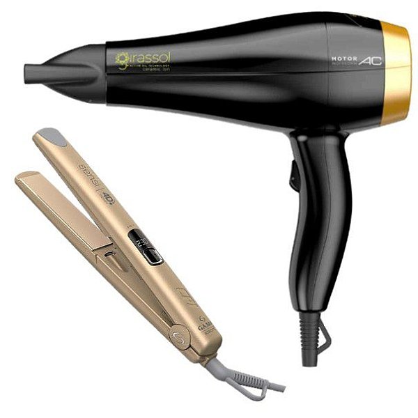 KIT GAMA - SECADOR PRIMO GIRASSOL CERAMIC ION 2000W 127V + PRANCHA SENSI 4D THERAPY IHT GOLD 230°C