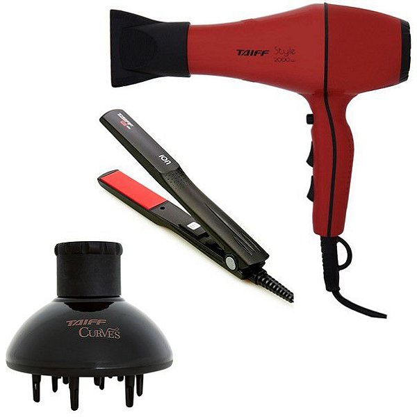 KIT TAIFF - SECADOR PROFISSIONAL STYLE RED 2000W 127V + PRANCHA RED ION 200ºC + DIFUSOR DE AR CURVES