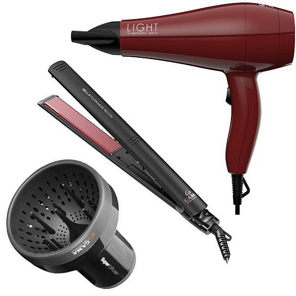 KIT GAMA - SECADOR LIGHT CERAMIC ION 2000W 127V + PRANCHA BELLA TOUR. RED ION 220°C + DIFUSOR DE AR