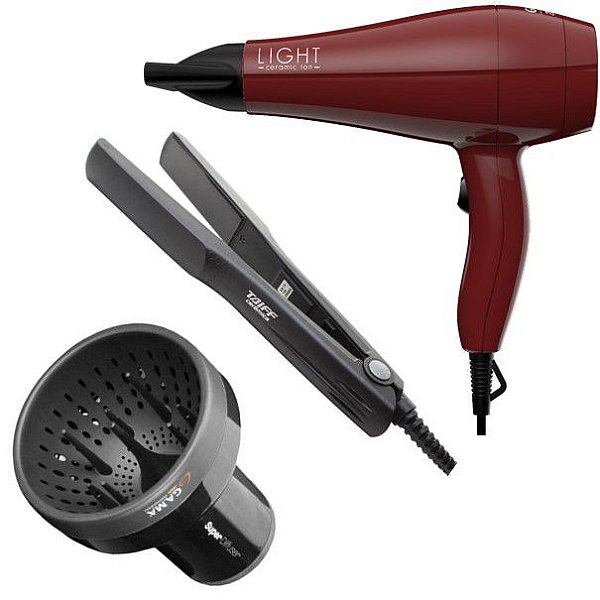 KIT - SECADOR GAMA LIGHT CERAMIC ION 2000W 127V + PRANCHA TAIFF CERAMIC 180°C + DIFUSOR DE AR