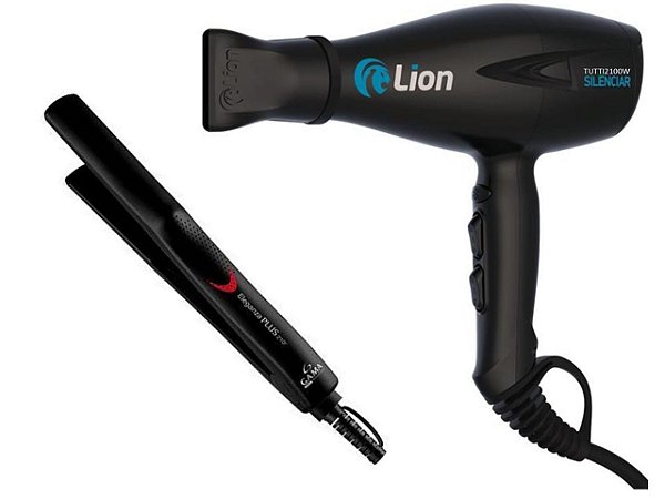 KIT - SECADOR PROF. LION TUTTI SILENCIAR 2200W PRETO 220V + PRANCHA GAMA ELEGANZA PLUS 210ºC BV