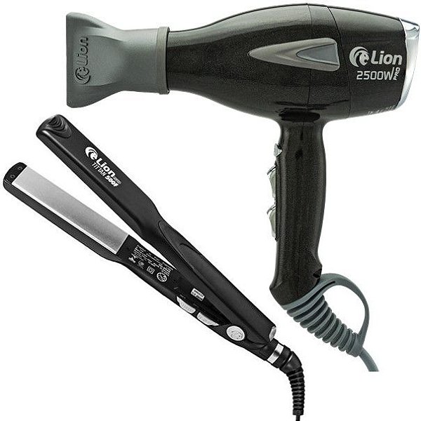 KIT LION PROFISSIONAL - SECADOR LS08 2500W PRETO PEROLADO 220V + PRANCHA PRO TITTAN 250°C \ 500F BIV