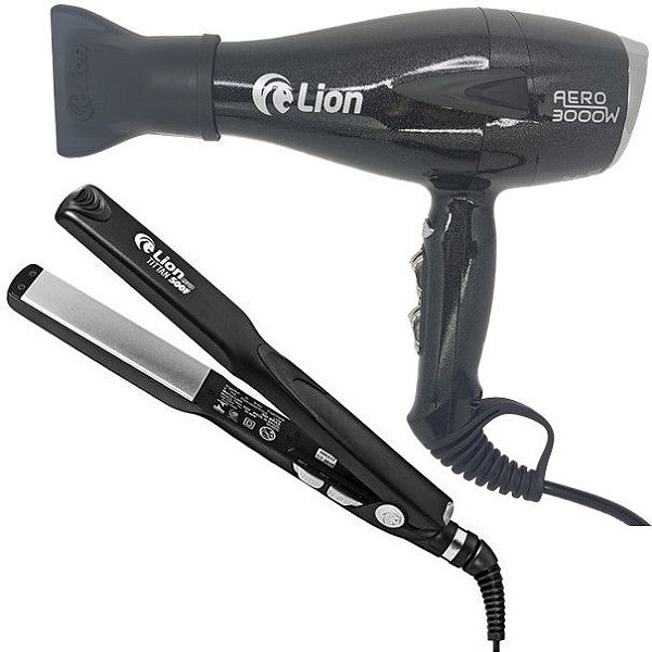 KIT LION PRO - SECADOR TUTTI AERO 3000W PRETO FLAKE 220V + PRANCHA TITTAN 250°C \ 500F BV