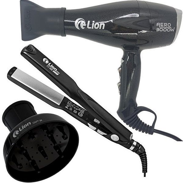 KIT LION PRO - SECADOR TUTTI AERO 3000W PRETO FLAKE 220V + PRANCHA TITTAN 250°C \ 500F BV + DIFUSOR
