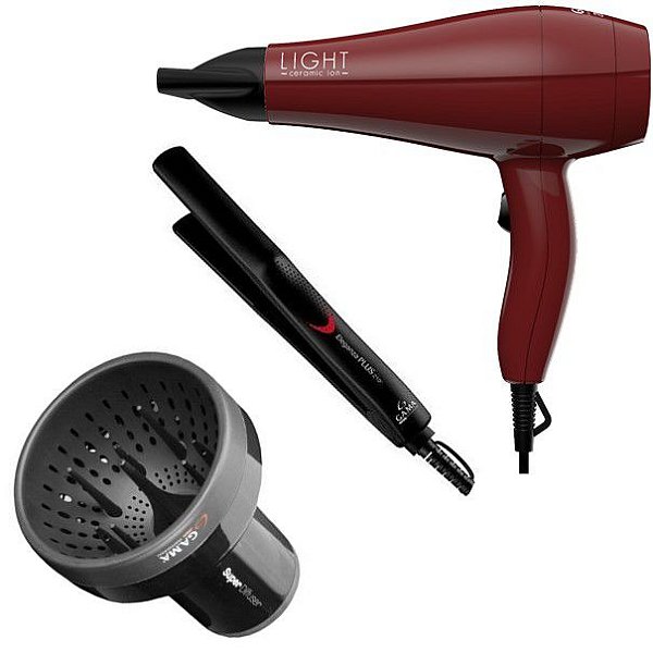 KIT GAMA 220V - SECADOR DE CABELO LIGHT CERAMIC ION 2000W + PRANCHA ELEGANZA PLUS 210°C + DIFUSOR