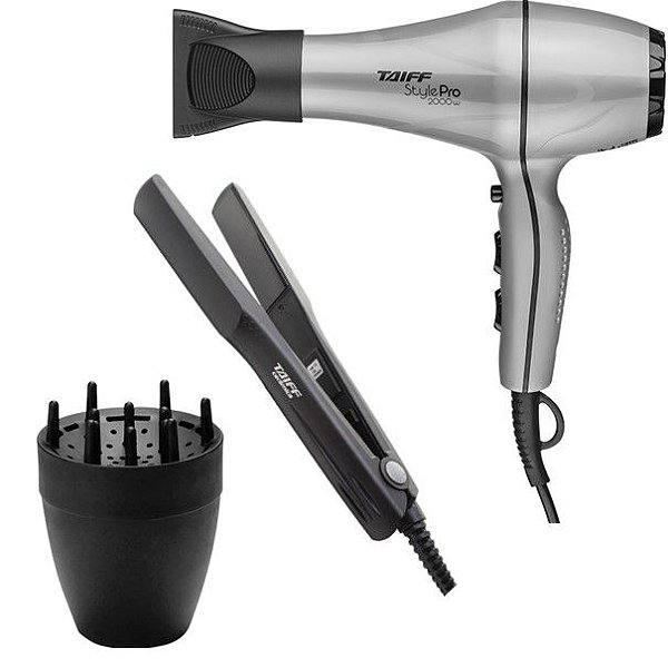 KIT TAIFF - SECADOR STYLE PRATA PRO 2000W 220V + PRANCHA CERAMIC 180ºC + DIFUSOR DE AR SMART NOVO