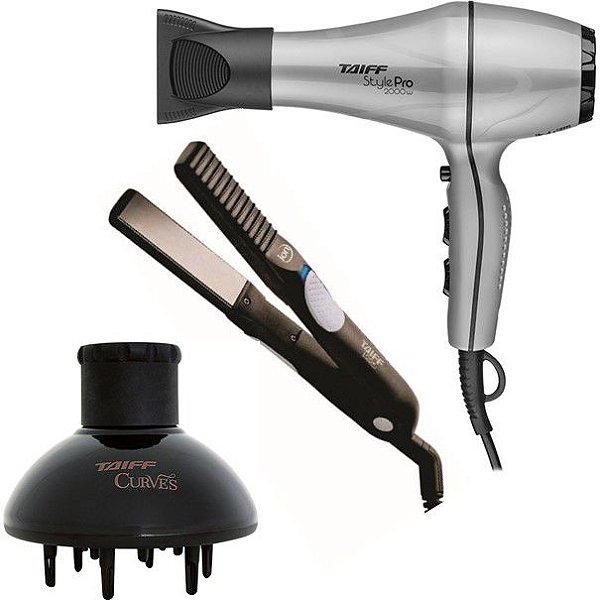 KIT TAIFF - SECADOR STYLE PRATA PRO 2000W 127V + PRANCHA LOOK ION 200ºC + DIFUSOR DE AR CURVES