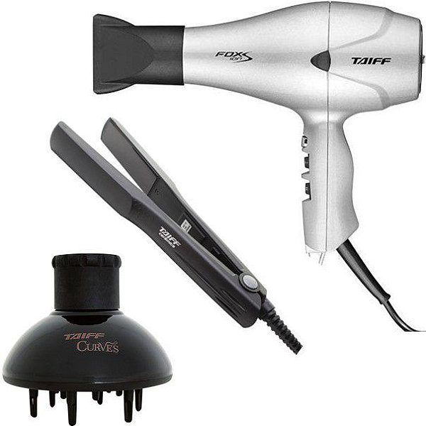 KIT TAIFF - SECADOR PROF. FOX ION S PRATA 2100W 127V + PRANCHA CERAMIC 180ºC + DIFUSOR DE AR CURVES