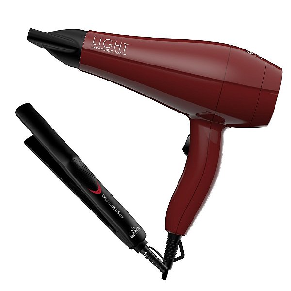 KIT GAMA 220V - SECADOR DE CABELO LIGHT CERAMIC ION 2000W MOTOR AC + PRANCHA ELEGANZA PLUS 210°C