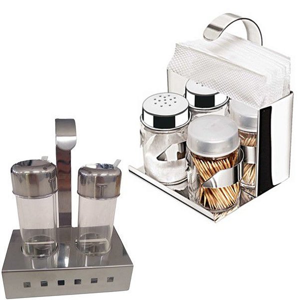 KIT MAK.INOX 6 PEÇAS - GALHETEIRO 12.08 + SUPORTE 08.22 SUPOGUARDANAPOS / PALITEIROS / SALEIRO