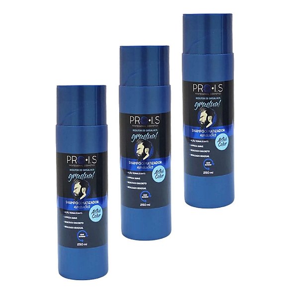 KIT - SHAMPOO MATIZADOR MASCULINO ESCURECEDOR CABELOS BRANCOS GRISALHOS PRO I.S 250ML (3 UNIDADES)
