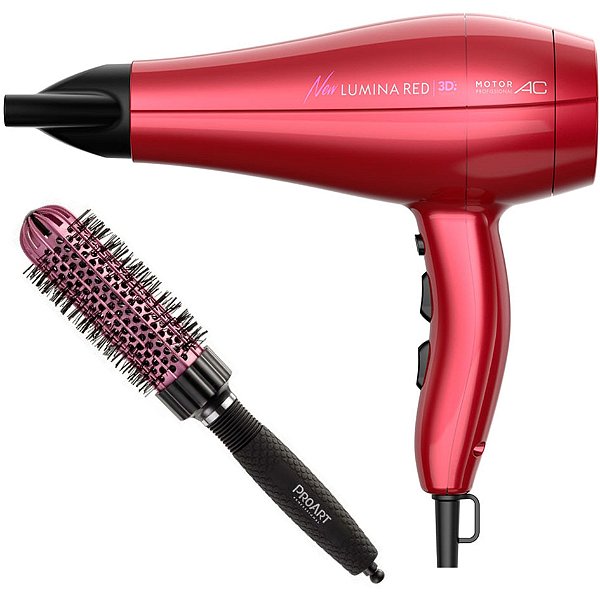 KIT SECADOR GAMA NEW LUMINA RED 3D 2200W 127V + PROART ESC. PROFESSIONAL VENT PRO ROSA 33MM - EPT05B