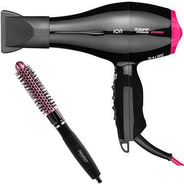 KIT SECADOR TAIFF TITANIUM COLORS ION PINK 2100W 127V + PROART ESC PROF VENT PRO ROSA 20MM - EPT04B