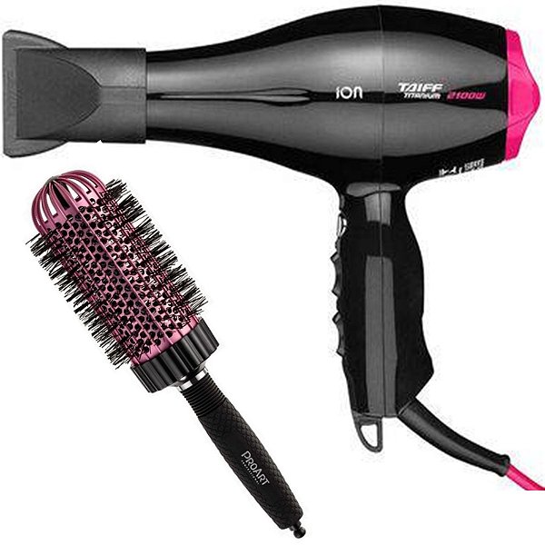 KIT SECADOR TAIFF TITANIUM COLORS ION PINK 2100W 220V + PROART ESC PROF VENT PRO ROSA 50MM - EPT06B
