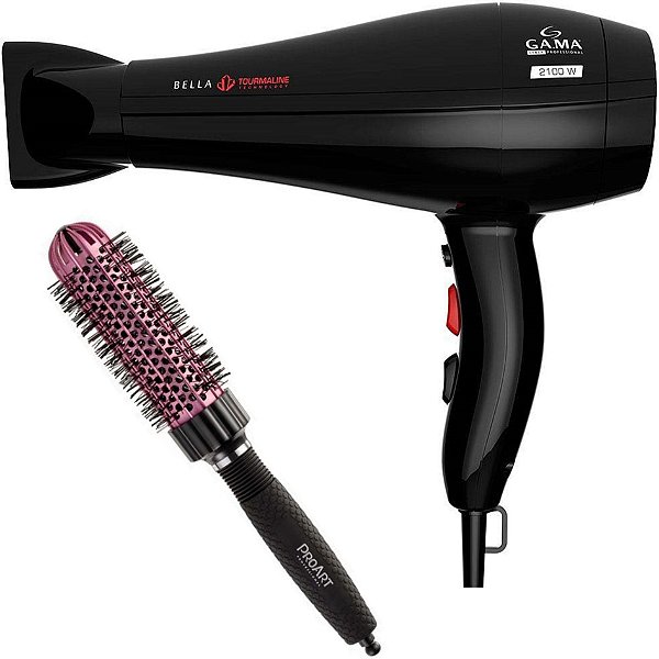 KIT SECADOR GAMA BELLA TOURMALINE 2100W 127V + PROART ESC. PROFESSIONAL VENT PRO ROSA 33MM - EPT05B