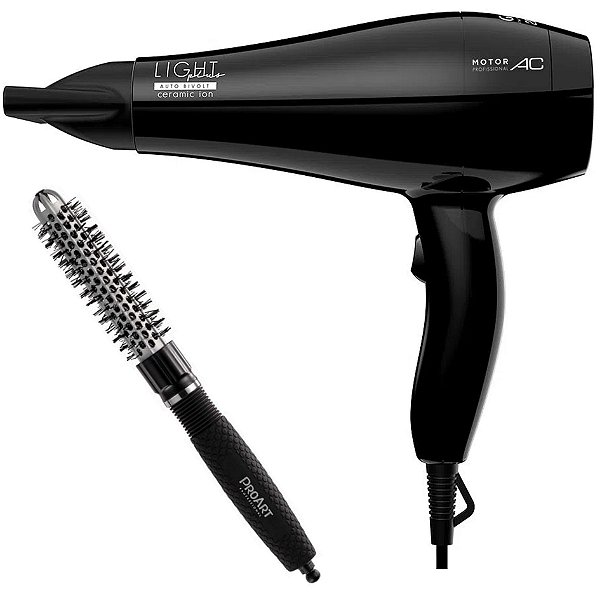 KIT - SECADOR GAMA LIGHT PLUS CERAMIC ION 2000W BV + PROART ESCOVA PROF VENT PRO PRATA 20MM - EPT01B