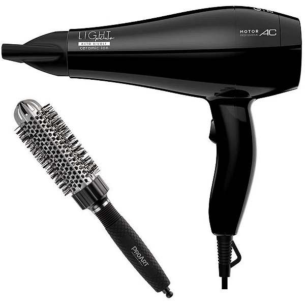 KIT - SECADOR GAMA LIGHT PLUS CERAMIC ION 2000W BV + PROART ESCOVA PROF VENT PRO PRATA 33MM - EPT02B