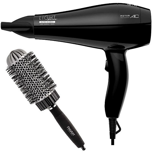 KIT - SECADOR GAMA LIGHT PLUS CERAMIC ION 2000W BV + PROART ESCOVA PROF VENT PRO PRATA 50MM - EPT03B