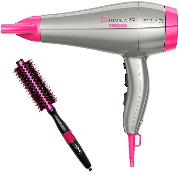 KIT - SECADOR DE CABELO GAMA NEW LUMINA 3D 2200W BV - ESCOVA PROART METALICA PRO ROSA 15MM - EPM04