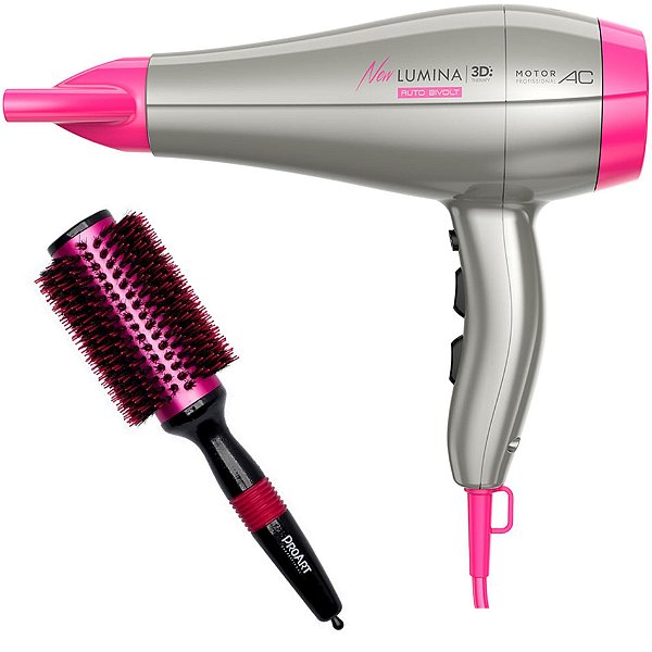 KIT - SECADOR DE CABELO GAMA NEW LUMINA 3D 2200W BV - ESCOVA PROART METALICA PRO ROSA 38MM - EPM06