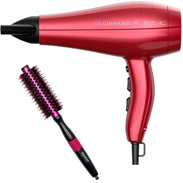 KIT - SECADOR GAMA NEW LUMINA RED 3D 2200W 127V + ESCOVA PROART METALICA PRO ROSA 15MM - EPM04B