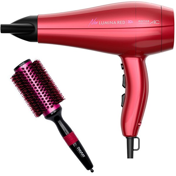 KIT - SECADOR GAMA NEW LUMINA RED 3D 2200W 127V + ESCOVA PROART METALICA PRO ROSA 38MM - EPM06B