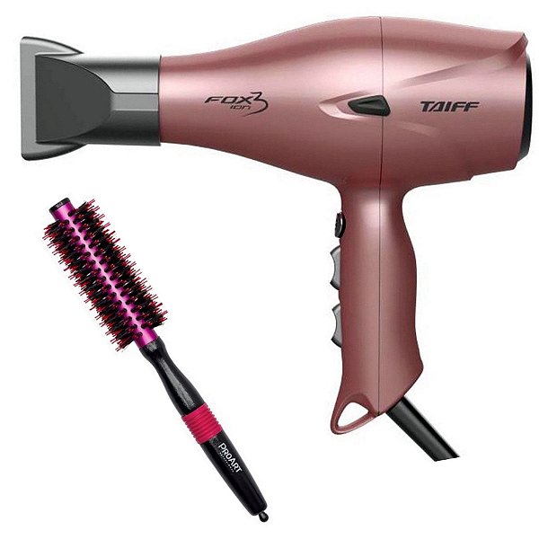 KIT - SECADOR TAIFF FOX ION 3 ROSÊ 2200W 127V + ESCOVA PROART METALICA PRO ROSA 15MM - EPM04B