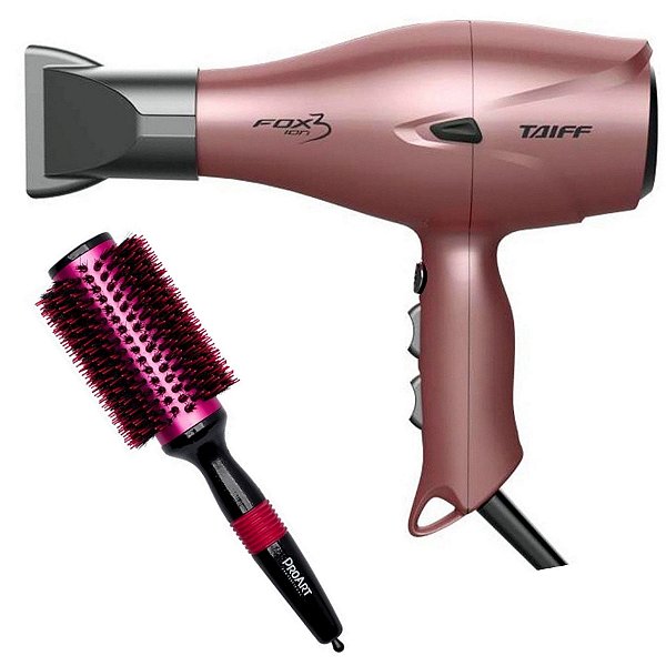 KIT - SECADOR TAIFF FOX ION 3 ROSÊ 2200W 127V + ESCOVA PROART METALICA PRO ROSA 38MM - EPM06B