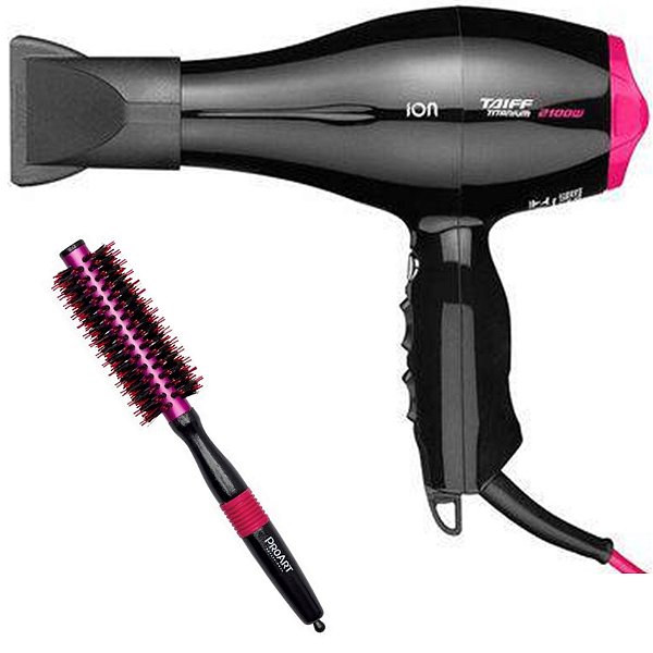 KIT SECADOR TAIFF TITANIUM COLORS PINK ION 2100W 127V + ESCOVA PROART METALICA PRO ROSA 15MM EPM04B