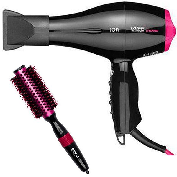 KIT SECADOR TAIFF TITANIUM COLORS PINK ION 2100W 220V + ESCOVA PROART METALICA PRO ROSA 25MM EPM05B