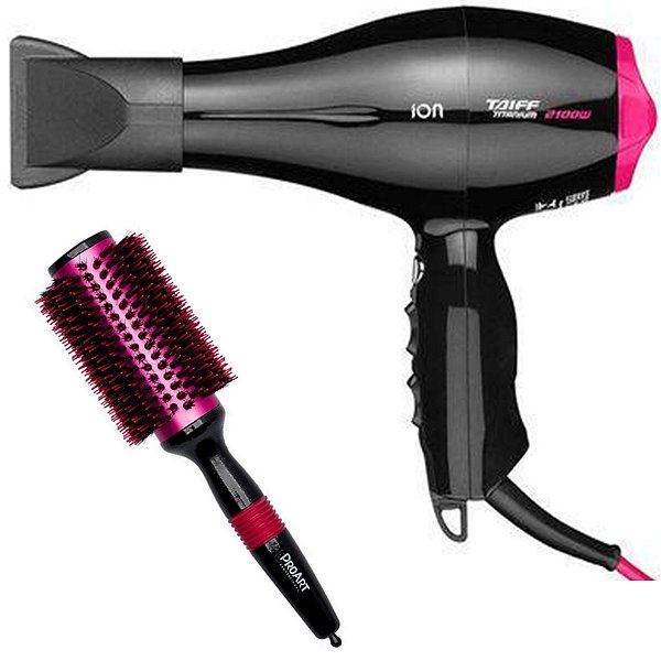 KIT SECADOR TAIFF TITANIUM COLORS PINK ION 2100W 127V + ESCOVA PROART METALICA PRO ROSA 38MM EPM06B