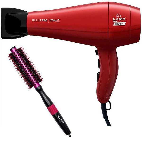 KIT - SECADOR GAMA BELLA PRO ION 2100W 127V + ESCOVA PROART METALICA PRO ROSA 15MM - EPM04B
