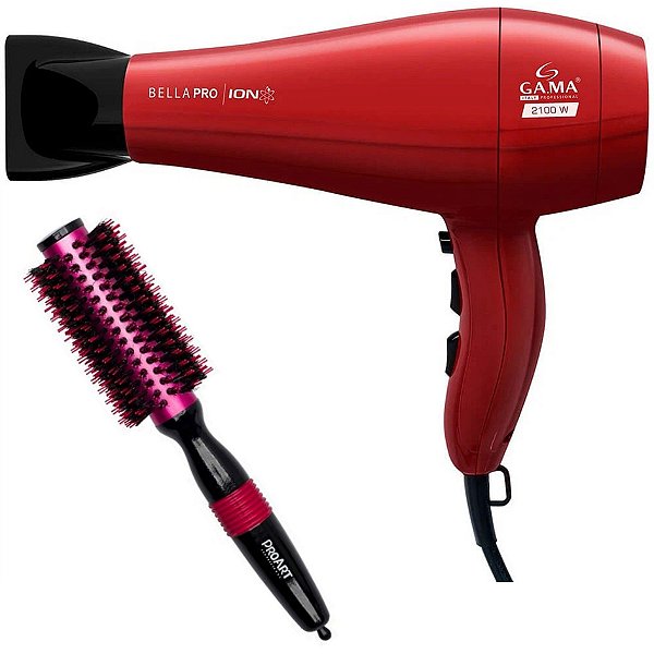 KIT - SECADOR GAMA BELLA PRO ION 2100W 220V + ESCOVA PROART METALICA PRO ROSA 25MM - EPM05B