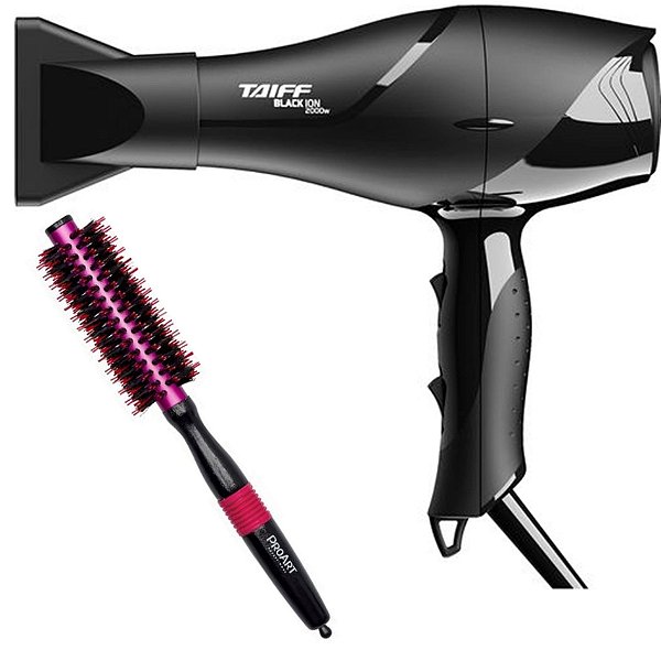 KIT - SECADOR TAIFF BLACK ION 2000W 127V + ESCOVA PROART METALICA PRO ROSA 15MM - EPM04B