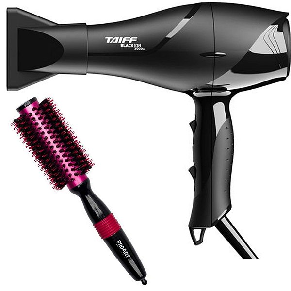 KIT - SECADOR TAIFF BLACK ION 2000W 127V + ESCOVA PROART METALICA PRO ROSA 25MM - EPM05B