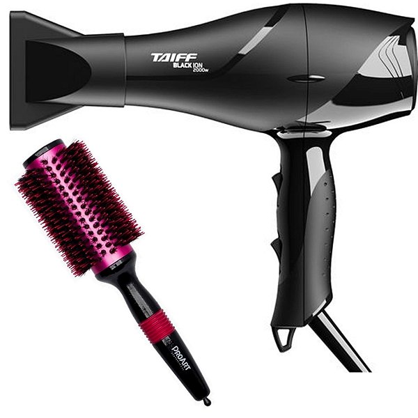 KIT - SECADOR TAIFF BLACK ION 2000W 127V + ESCOVA PROART METALICA PRO ROSA 38MM - EPM06B