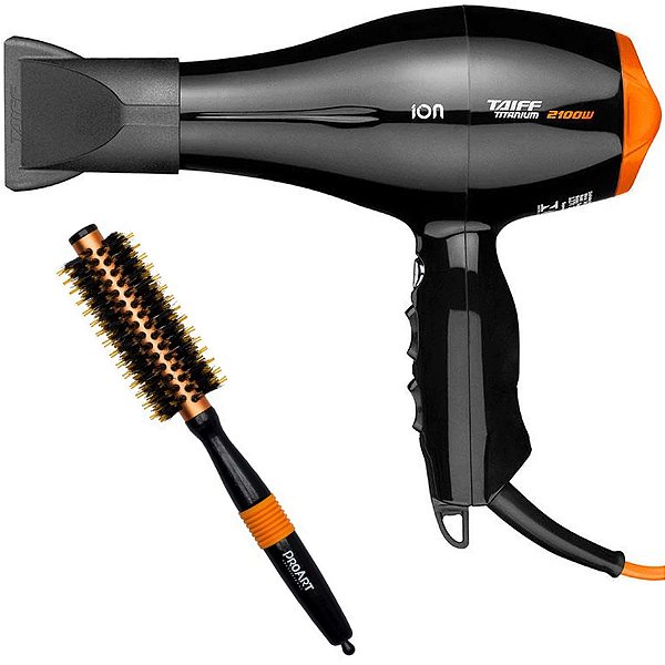 KIT SECADOR TAIFF TITANIUM COLORS LARANJA ION 2100W 220V + ESCOVA PROART METALICA LARANJA 15MM EPM07