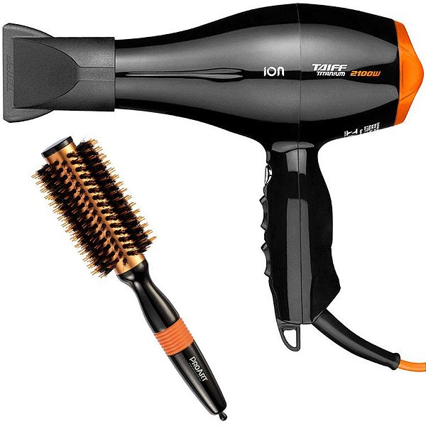 KIT SECADOR TAIFF TITANIUM COLORS LARANJA ION 2100W 220V + ESCOVA PROART METALICA LARANJA 25MM EPM08