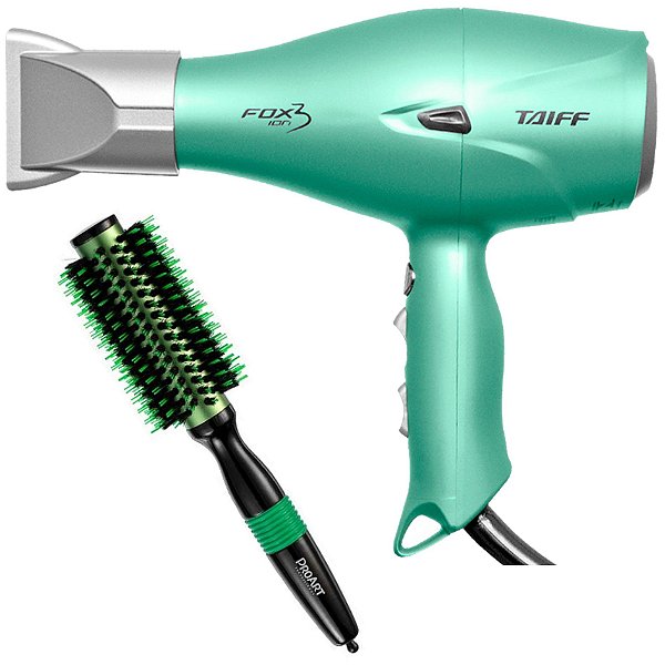 KIT - SECADOR TAIFF FOX ION 3 SOFT GREEN 2200W 127V + ESCOVA PROART METALICA VERDE 25MM EPM02B