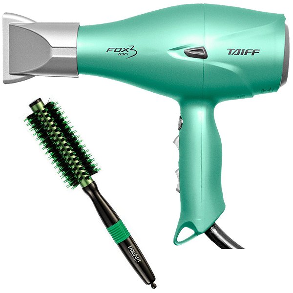 KIT - SECADOR TAIFF FOX ION 3 SOFT GREEN 2200W 220V + ESCOVA PROART METALICA VERDE 15MM EPM01B