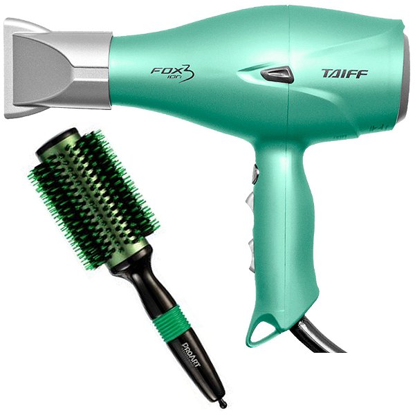 KIT - SECADOR TAIFF FOX ION 3 SOFT GREEN 2200W 220V + ESCOVA PROART METALICA VERDE 38MM EPM03B