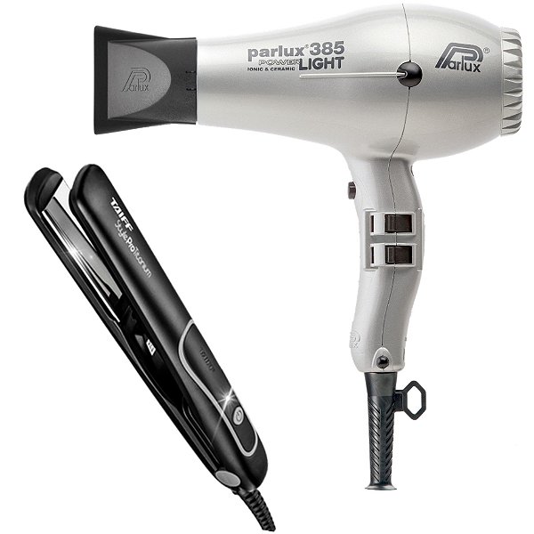 KIT - SECADOR PARLUX 385 POWER LIGHT PRATA 2150W 220V + PRANCHA TAIFF STYLE PRATA PRO TITANIUM 230ºC