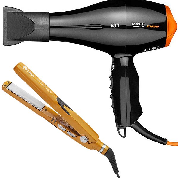 KIT SECADOR TAIFF TITANIUM ION COLORS LARANJA 2100W 220V + PRANCHA LION TITTAN 215°C \ 420F LARANJA