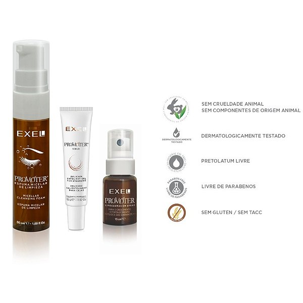 KIT EXEL PROMOTER - SPRAY LIPOSSOMAS + ESPUMA MICELAR SOBRANCELHA + GEL ESFOLIANTE SOBRANCELHA